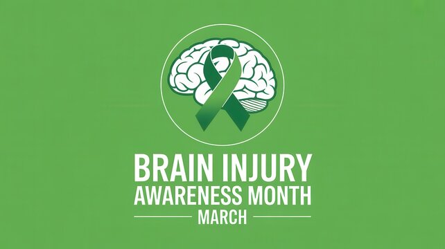 High quality photo of Brain Injury Awareness Month banner with brain icon and green ribbon on green background