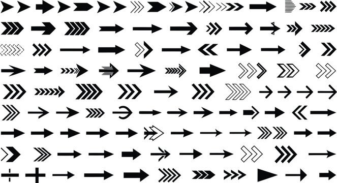 Collection of various black arrows on white background