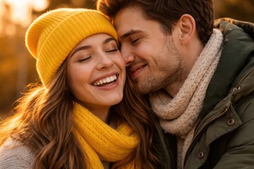 Couple Laughing Joyfully Together Outdoors in Warm Winter Clothing Golden Hour Light