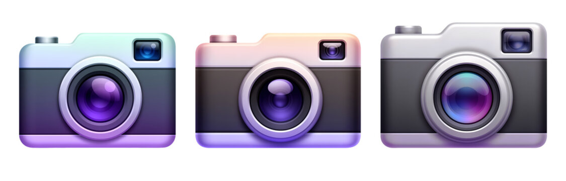 Camera emoji clipart set cartoon with lens reflections in classic black and pastel gradient colors on transparent background for photo film logo icon