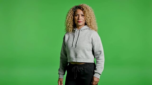 Woman with Curly Hair Posing in Front of Green Screen, Casual Style
