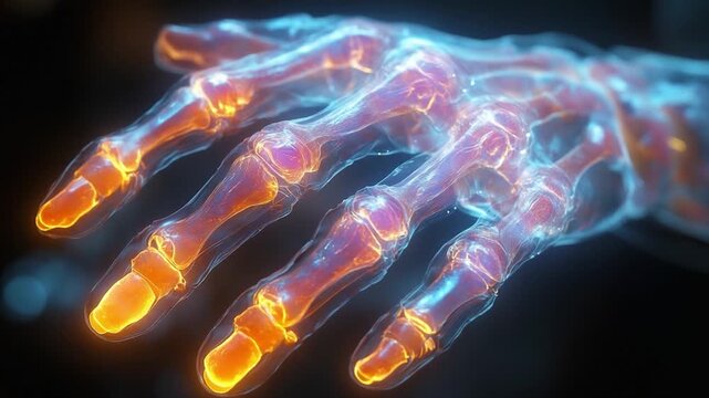Human hand, bone structure view: An artistic and detailed visualization of the intricate bone structure in a human hand, presented in a glowing, ethereal display.