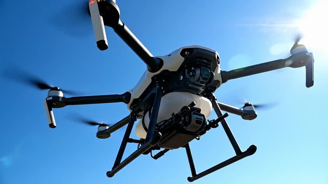 Drone flying in blue sky. Aerial photography captures stunning landscapes. Modern technology enhances exploration and creativity. Drone showcases versatility in various environments.