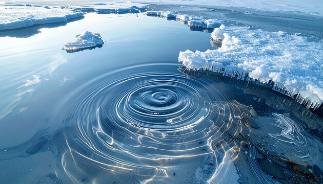 A stunning winter scene featuring a delicate ripple pattern frozen on the icy surface of shallow water