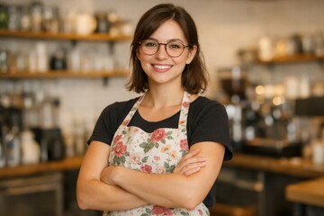 Smiling Barista Woman in Apron with Arms Crossed in Coffee Shop