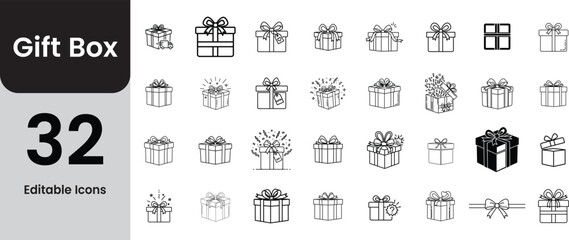 Collection of 32 gift box icons in various styles and states