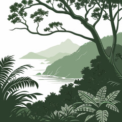 Dense island vegetation with tree overlooking water and mountains © bb2