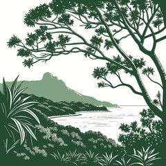 Dense island vegetation with tree overlooking ocean and mountain © bb2