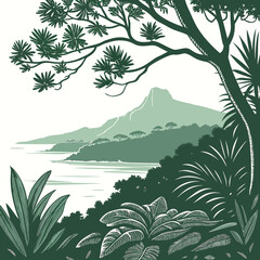 Dense island vegetation with mountain and sea tree © bb2