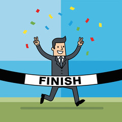 Businessman Crossing Finish Line Celebrating Success.