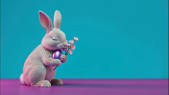 Cute bunny holding an easter egg and flowers. Cartoon rabbit character for Easter Holiday celebration. Spring festive animation.