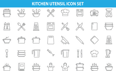 Kitchen utensil icon set, cooking tools, pots, pans, cutlery, chef equipment, home kitchen essentials, modern line vector illustration