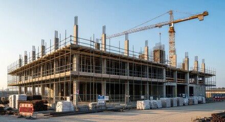 Modern Construction Site with Framework and Crane at Sunset