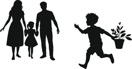 Obraz premium Family and child silhouettes collection, parents with daughter walking and boy running with plant black vector illustration