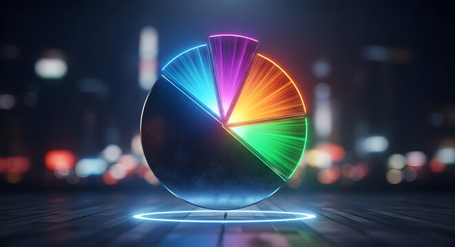 Vibrant pie chart with glowing neon colors on modern city background