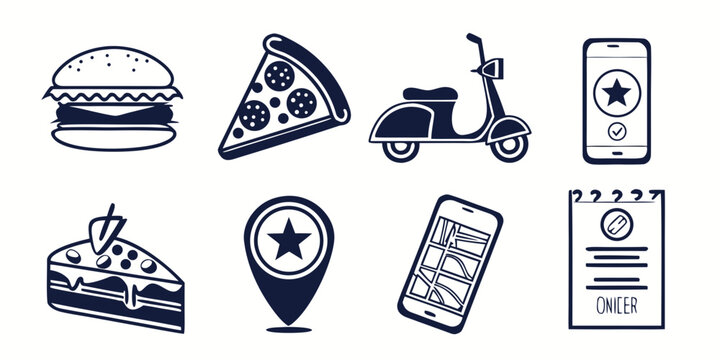 Assorted icons representing food delivery services and related items Vector