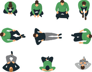 Collection of people sitting and lying on floor in cad drawing flat vector illustration top view for architectural floor plan interior design. © RIPON