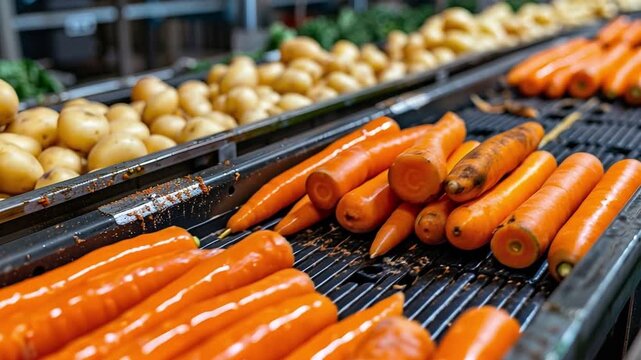 Vegetables move slowly along a conveyor belt, where automated equipment cleans them before packaging and distribution. This is part of a technological process aimed at increasing production efficiency