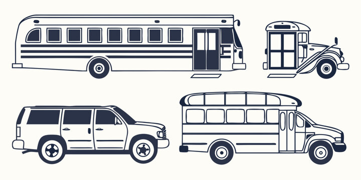 A diverse collection of vehicles including buses, trucks, and vans Vector