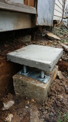 Fototapeta premium Adjustable concrete support foundation with threaded rods and metal plate under a weathered wooden structure.
