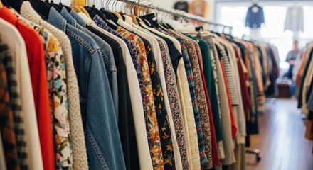Obraz premium Colorful clothing racks displaying a variety of stylish outfits in a cozy boutique during a sunny afternoon