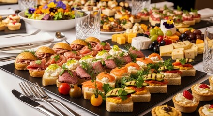 Fototapeta premium Delicious array of gourmet finger foods beautifully arranged for a joyful gathering in a bright, elegant setting