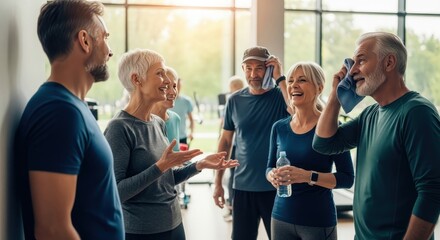 Naklejka premium Engaging camaraderie shines in a vibrant fitness class with lively laughter and encouragement among friends in the afternoon glow