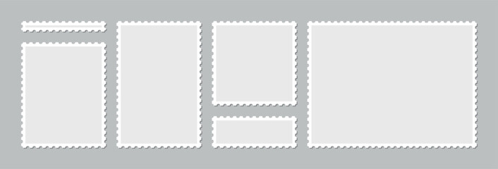 Obraz premium Light gray postage stamp frame collection isolated on neutral background, blank perforated border templates set for scrapbook branding mockup presentation, minimal postal layout design elements vector