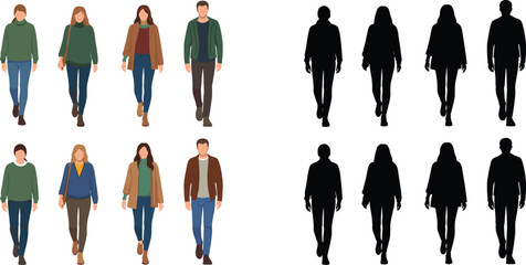 Collection of walking people silhouettes and flat characters in cad drawing flat vector illustration for architectural visualization and urban street scene design. © RIPON
