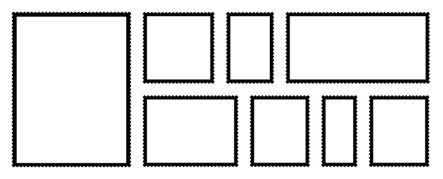 Set postage stamp frames collection rectangular templates isolated on transparent background, blank postal borders mockup, perforated edges, vintage philately design elements for branding collage