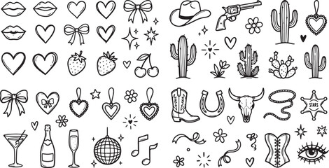 Western themed icons and symbols including cacti cowboy hats hearts and party elements on white background