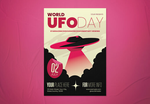 Beige and Magenta Retro Illustration World UFO Day Flyer