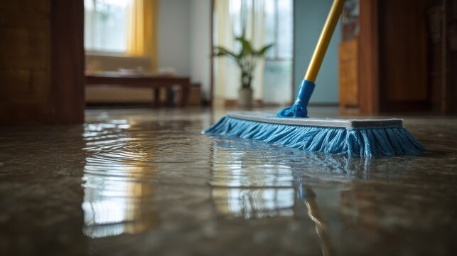 Cleaning a flooded floor with a blue mop in a house after water damage