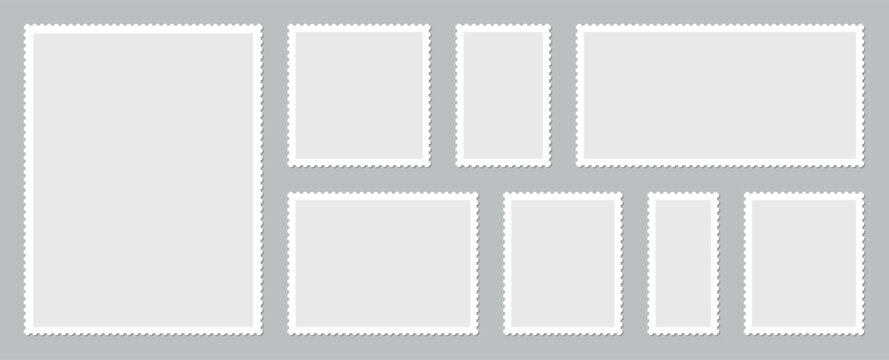 Realistic white postage stamp frames with perforated edges, blank templates collection isolated on grey background, square rectangle vertical horizontal mockups for postal design