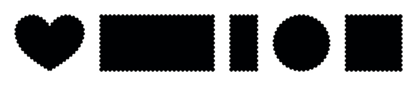 Assorted postage stamp frames with perforated borders, heart circle rectangle templates, black silhouettes isolated on transparent background, retro postal design elements set