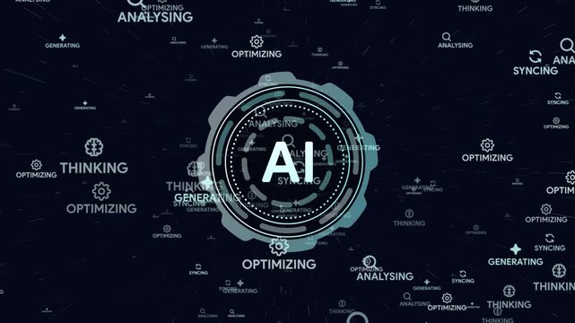 Artificial intelligence working animation. Flying through tech tunnel with central rotating gears and ai processing icons. Machine learning, data analyzing, thinking, generating and optimizing.