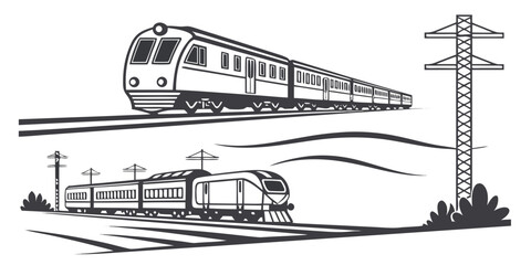 A vintage train and a modern train traveling on parallel tracks Vector © Sa