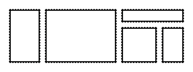 Vintage postage stamp frame set isolated on transparent background, blank template collection with perforated edges, retro mail border design elements for scrapbook collage branding mockup layout kit