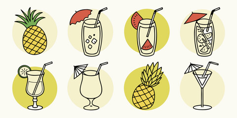 Assorted tropical fruits and vegetables with umbrellas on a white background Vector © Sa