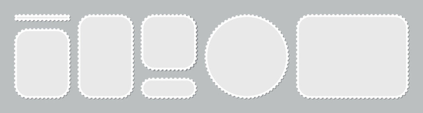 Light embossed postage stamp frame set with perforated edges, circle and rounded rectangle shapes isolated on gray background, subtle paper effect postal templates for elegant branding design