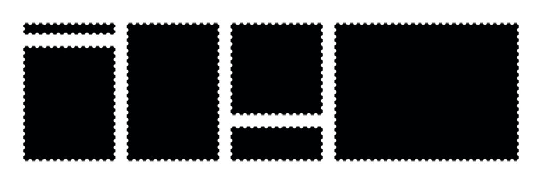 Black horizontal postage stamp frames isolated on transparent background, blank silhouette templates with perforated contour, postal border collection for branding presentation graphic layout set pack