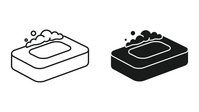 Soap Bar Icon Set with Foam Bubbles, Outline and Solid Styles