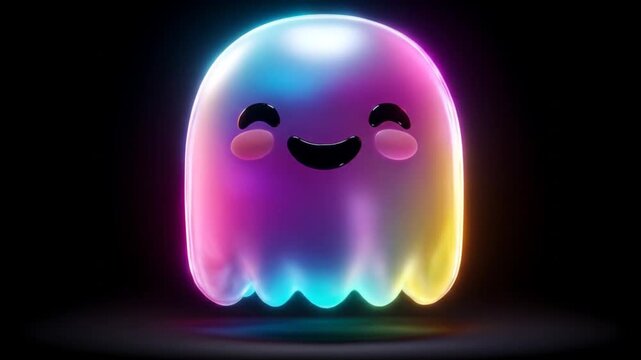 Animated cartoon ghost character glowing in bright rainbow colors against black