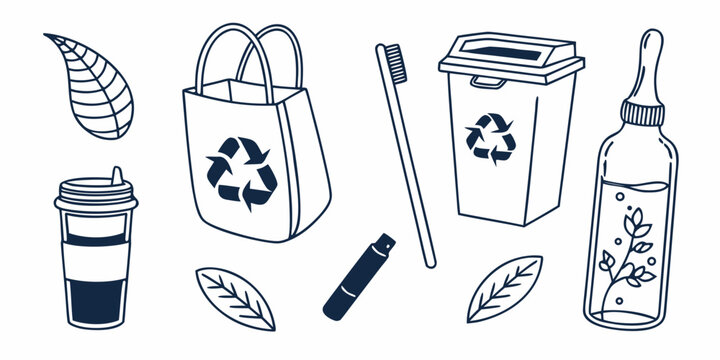 Assorted recyclable items including plastic bottles, bags, and containers Vector