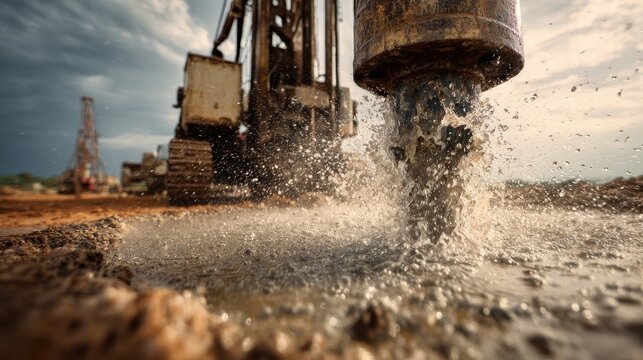 Close-up of a large drilling rig splashing water and mud during borewell excavation at an industrial construction site