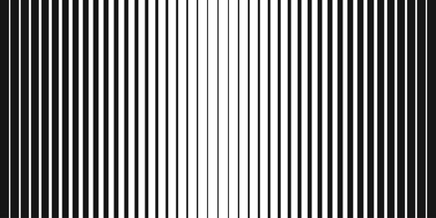 Obraz premium Black straight parallel vertical lines of different thickness thin in center. Halftone background from stripes for design. Vector illustration isolated on transparent