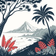 Tropical shoreline landscape with volcano palm trees and plants © megia