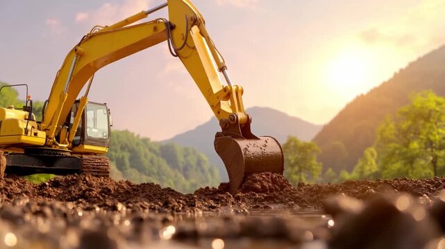 Industrial Earth Mover at Work: A robust earth mover diligently excavates earth on a construction site, framed by a serene mountain range and the warm glow of the sun.