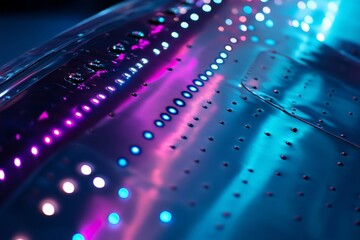 Stunning Close Up of a Shiny Metal Surface Illuminated by Vibrant Blue and Purple Lights