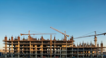 Modern Construction Site at Sunset with Cranes and Scaffoldings